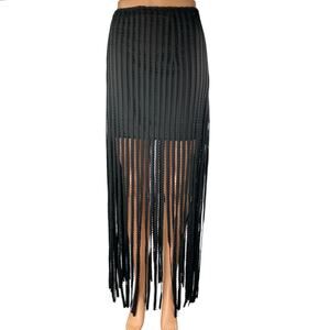 Ft Inc Black Ribbed Knit Fringe Trim Boho Maxi Straight Pencil A-Line Skirt Sz M
